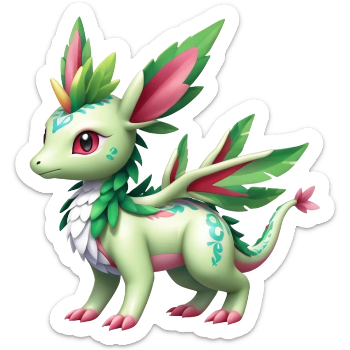 Shiny Exotic Cute Majestic Ethereal Sparkly Flygon-Sylveon-Shaymin-Meganium-Hybrid-Creature with white pattern-markings sticker