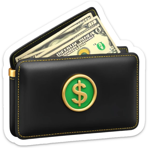 Rich emoji style black leather wallet with dollar bills, luxury money vibe, premium 3D emoji, ultra clean, high detail, no background
 sticker