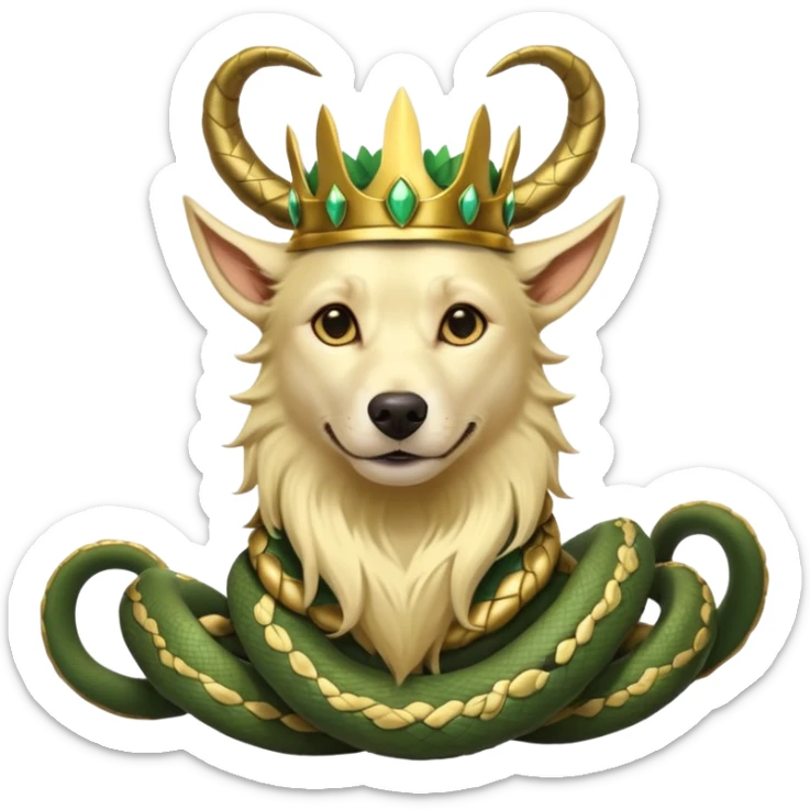 loki god of mischief as a dog. he as snakes. he wears a horned crown as the god himself.  dynamic pose sticker