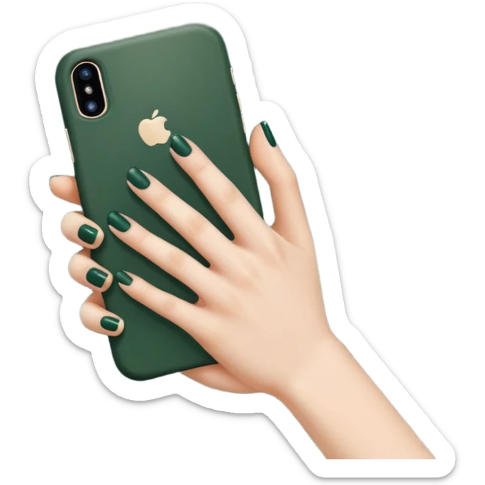 female hand with nude manicure (5 fingers) holding an iPhone in a dark green case, clean background, minimalism, emoji style sticker