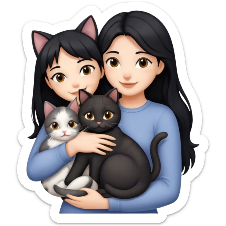 happy girl with black hair hugging three cats  (black cat, gray cat, brown calico cat) sticker