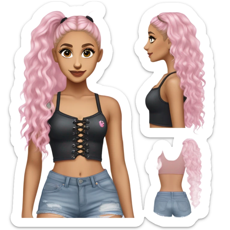 Ariana grande wearing a Shakira lace up croc top and short jeans and pink highlights  sticker