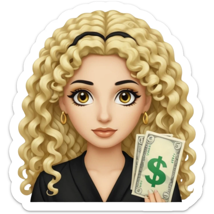 Pale Saudi pretty baddie, black eyeliner, curly long hair with blonde money piece hairstyle sticker