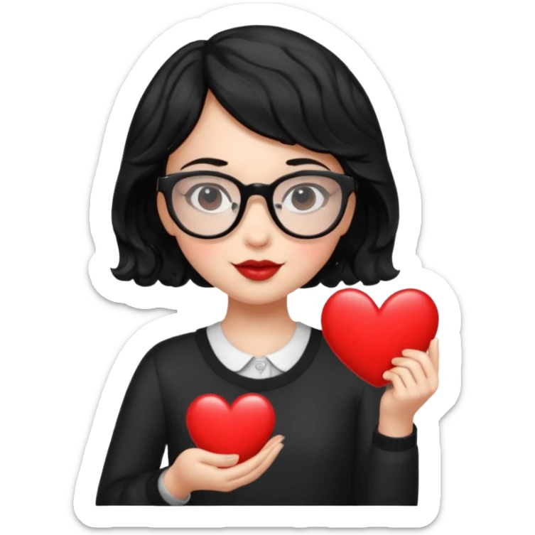 niña con pelo corto ondulado color negro con lentes negros y tenga un corazon en la mano sticker