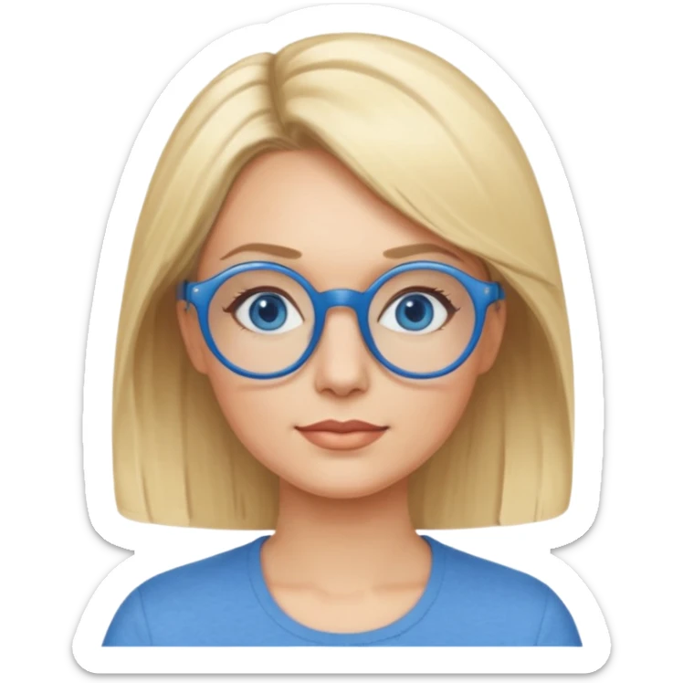 femme 40 ans cheveux garçon blond avec raie sur le coté, yeux bleu et lunettes rondes bleues sticker