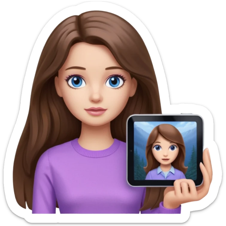 beautiful barbie girl with long brown hair, blue eyes and wearing light purple clothes watching stranger things on tv sticker