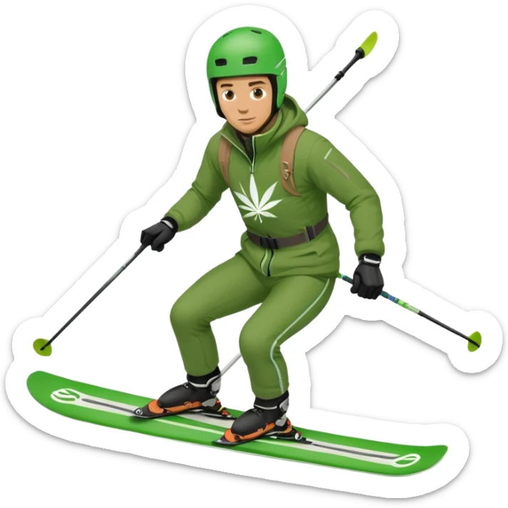 Man slalom skiing in green jacket with the green medical marijuana cross on it sticker