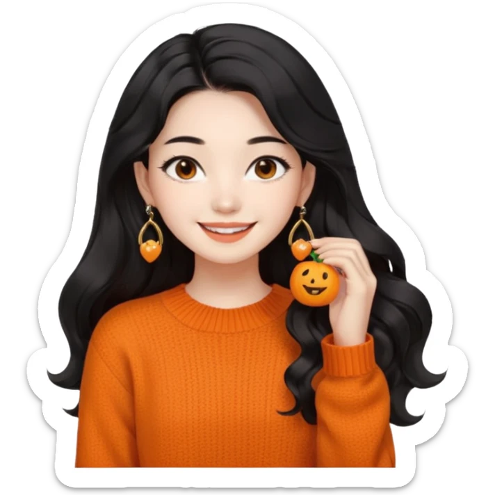 Korean 24-year-old female online shopping mall seller / Orange knit / White face / Earrings / Smiling expression / Long wavy hair / Influencer vibe / Fashionable / Black hair sticker