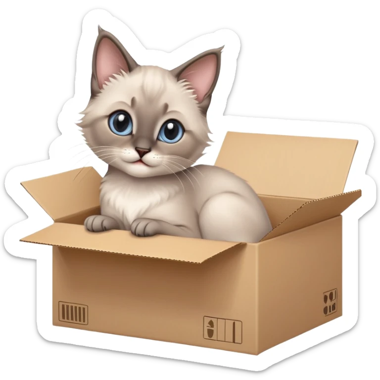  A very cute gery young happy kitten long hair Siamese Cat cat with one's head tilted to one side poked its paws out of the cardboard big box and placed them on top of it sticker