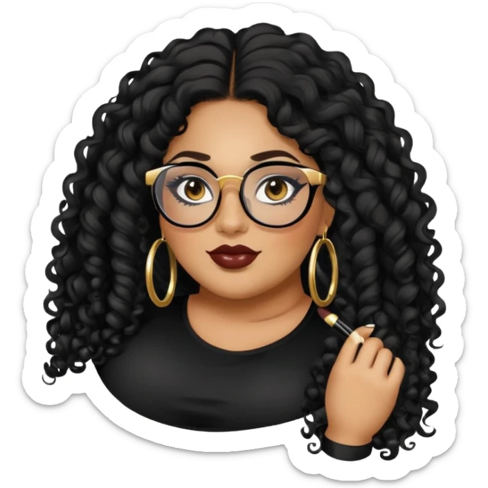 big plus size, latina, darker tan skin, gold hoops, long black curly hair, baddie,pretty, makeup, lipgloss, black eyeliner, long hair, black top, black glasses sticker