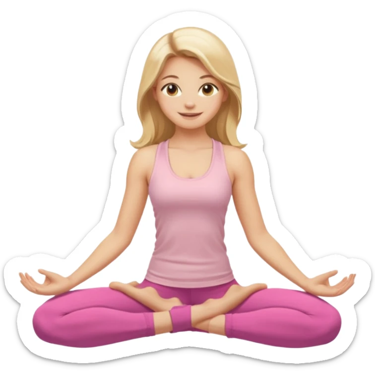Create a young woman with long blonde hair, golden eyes, and medium-light skin tone, wearing a light pink tank top and leggings. She should be doing yoga, with a smile sticker