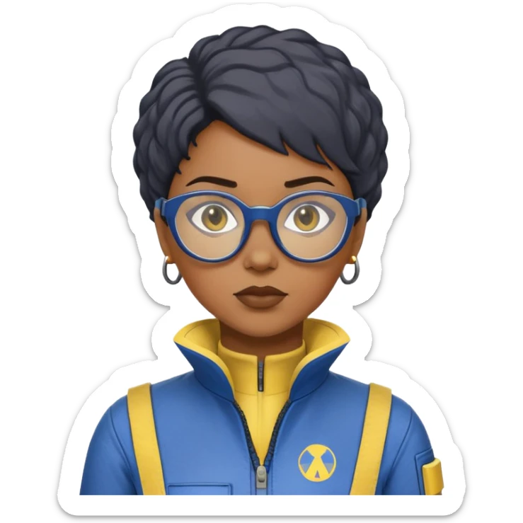 stern Black woman with short textured hair, glasses, wearing blue Fallout Vault jumpsuit with yellow trim and number on back, minimalist sticker