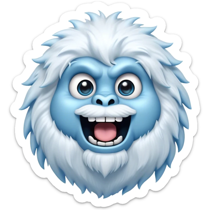 Cinematic Comical Yeti Portrait Emoji, with a cartoonishly exaggerated, fluffy figure in cool, frosty whites and icy blues, head tilted in an overly surprised expression with wide, comically sparkling eyes and a quirky, open-mouthed grin, simplified yet hilariously detailed, glowing with a soft frosty outline capturing the meme-worthy fun of a yeti in playful shock! sticker