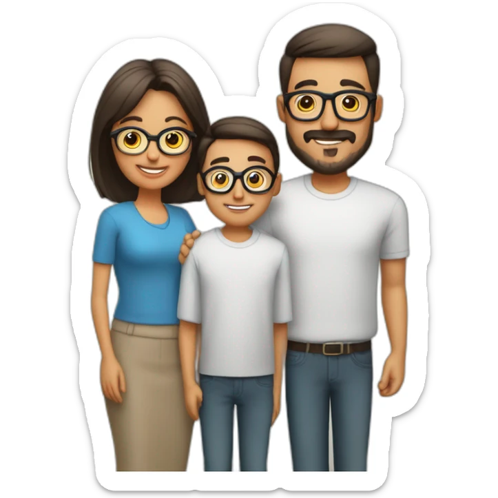Padre y madre con melena por los hombros con un hijo con gafas sticker