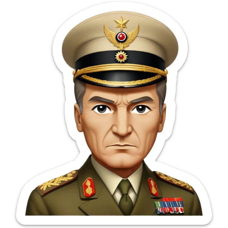 Cinematic Realistic Mustafa Kemal Atatürk Portrait Emoji, depicted as a visionary statesman with a determined gaze and period military attire, rendered with rich textures and dynamic historical lighting that captures his transformative leadership. sticker