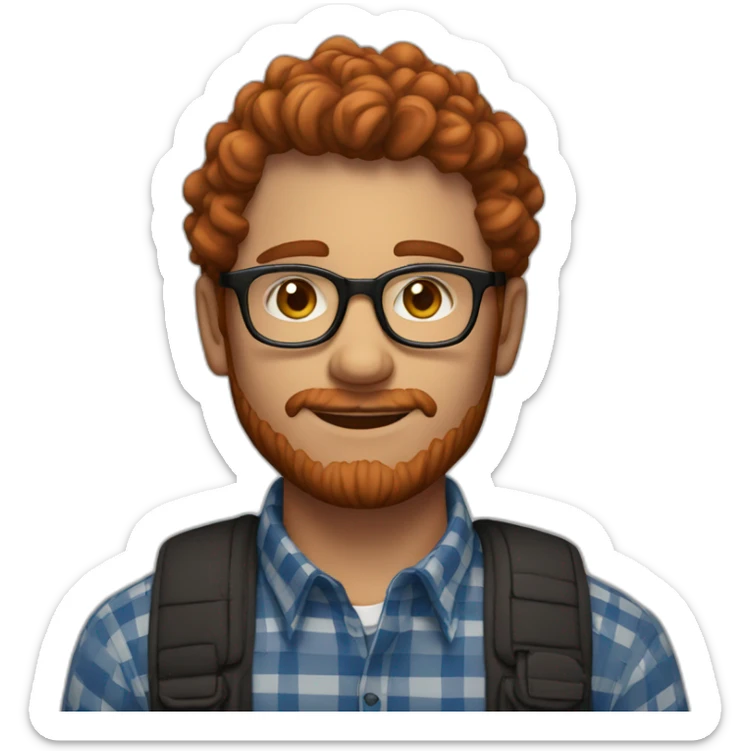 man,25 years,eyes blue, redhead,short curly hair,beard, round glasses, red and black checked shirt sticker