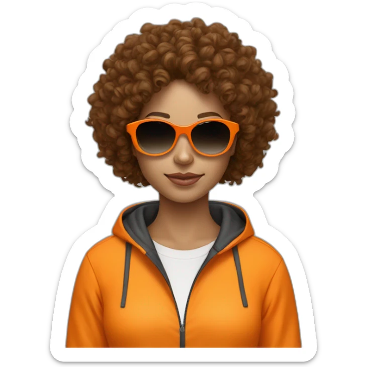 generate a brown curly hair woman with black sunglasses, she wear a orange tracksuit  sticker
