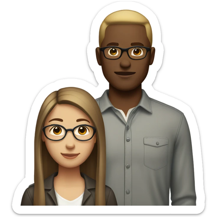 "A light brown-skinned woman with straight brown hair, standing next to her white-skinned boyfriend with blonde hair and wearing glasses. The woman has no glasses, and her hair is clearly brown." sticker