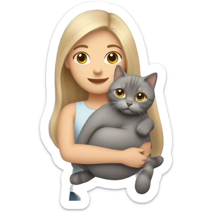 Girl with long dark blonde hair hugging a British shorthair cat sticker