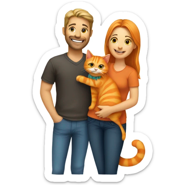 a happy woman and a man are friends and holding a orange cat sticker