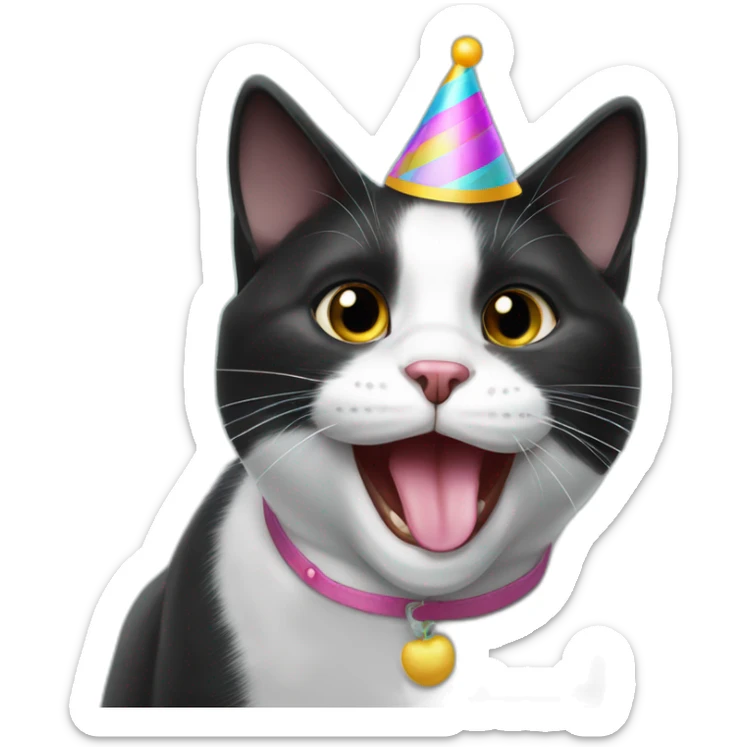 black and white cat (named Marta) being silly, with her tongue out, in a party hat sticker