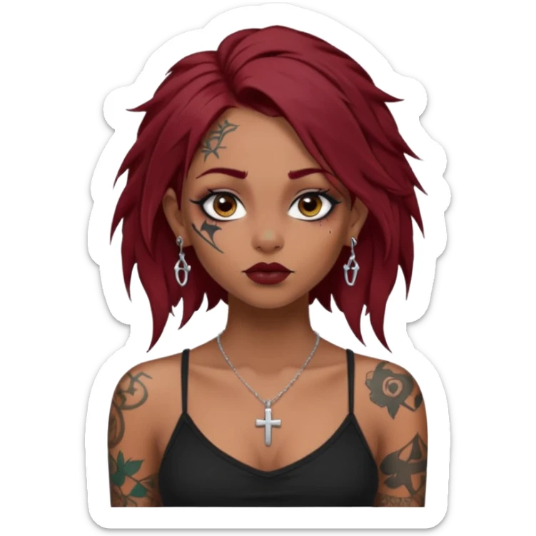 generate an ios genmoji of a dusky girl with long dark red messy hair with eyeliner on her eyes. septum piercing, wearing a cami black top, has tattoos, on shoulders. ear piercings. wearing a cross silver necklace. 


no tattoos on face sticker