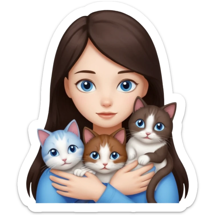 a pretty girl with long dark brown hair, with blue eyes, hugs 3 different natural coloured small cats sticker