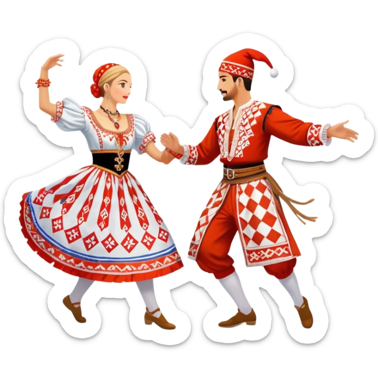 Cinematic Realistic scene of two performers engaging in the Croatian Linđo folk dance, adorned in vibrant traditional costumes with intricate patterns and accessories, captured in graceful, synchronized motion under festive natural lighting. sticker