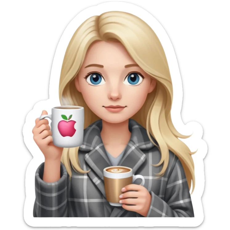 girl
blue eyes
long blond hair
wearing grey plaid housecoat
holding a white mug of coffee
wearing rose gold apple watch  sticker