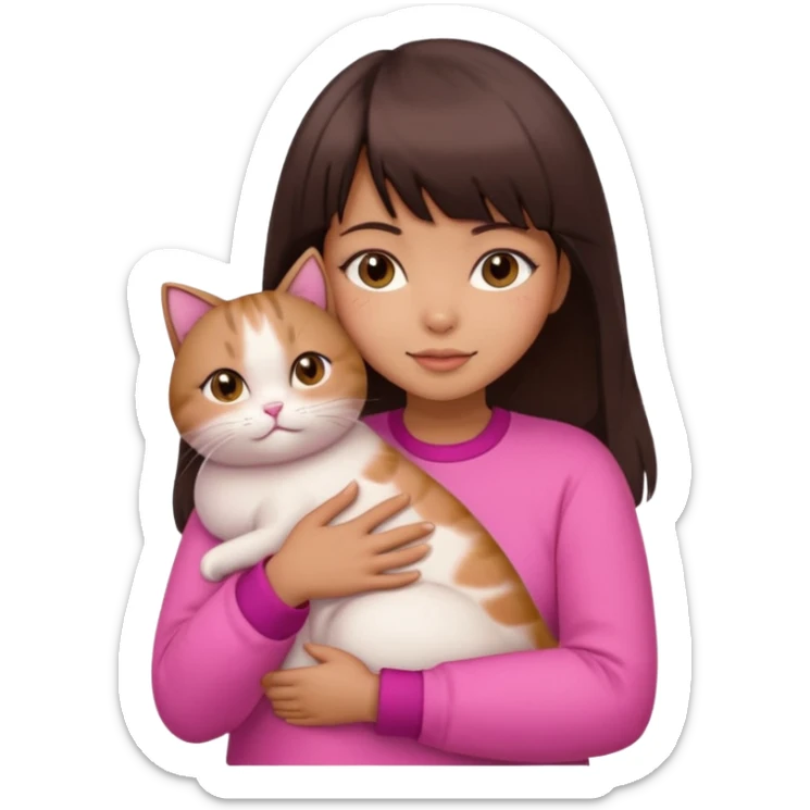 beautiful woman with dark brown straight hair and bangs, brown eyes wear a pink clothes and hugs a cute chubby cat sticker