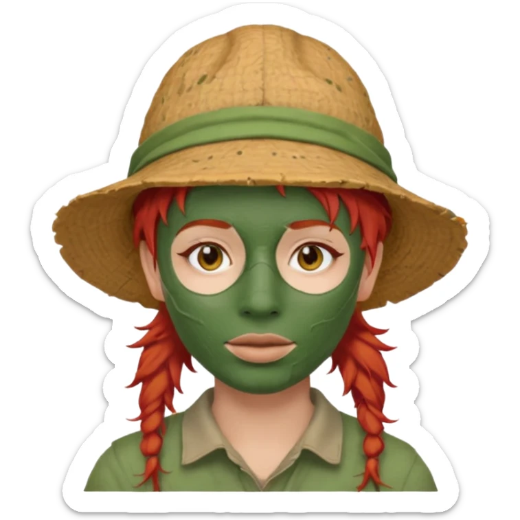 messy green full face clay mask and tourist hat red hair  sticker