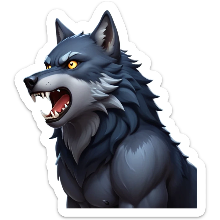 cinematic-noble-fierce-werewolf-howling-portrait-emoji, poised-and-imposing, with a fierce wolfish face tilted upwards in a haunting howl, glowing eyes full of primal ferocity, sharp, and a rugged snout, fur rippling in shades of midnight black and silver, muscles tensed as the powerful howl echoes beneath the moonlit sky; rendered with realism, capturing the raw, untamed power of the beast in its wild, primal state sticker