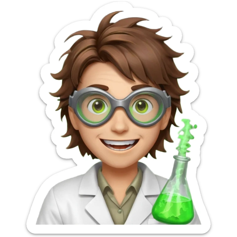 mad nuclear scientist portrait, head and shoulders only, messy hair, cracked goggles, glowing radioactive green light, excited crazy smile, 3D cartoon, mobile game icon style, clean background, no text, no watermark
 sticker