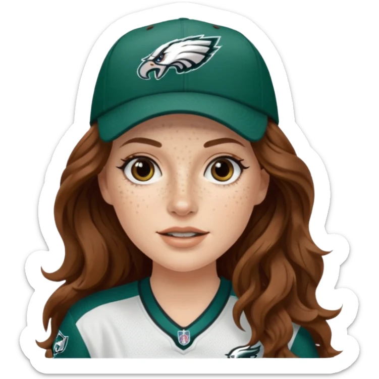 White girl with long brown wavy hair and freckles wearring a Philadelphia eagles jersey and hat sticker