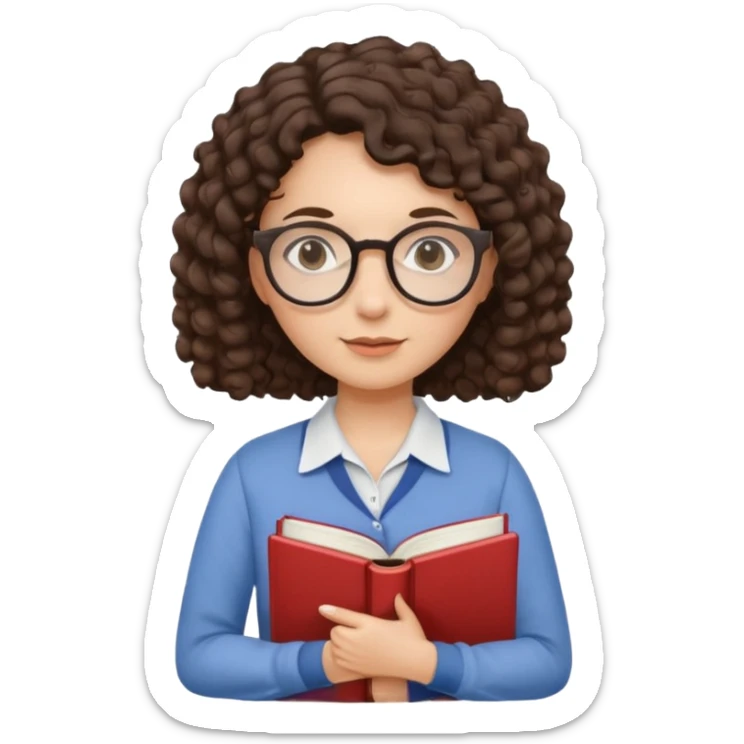 female English teacher with glasses and wearing a shirt, holding an English book. I have dark brown a little curly hair. My glasses are rather round than square shape. sticker