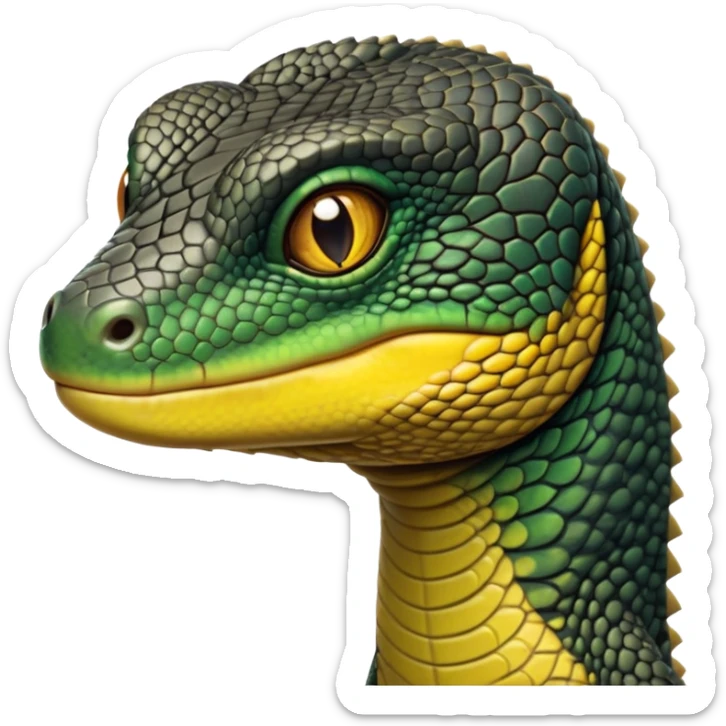 cinematic-realistic-cute-monitor-lizard-portrait-emoji,-head-tilted-playfully-and-inquisitively,-featuring-a-compact,-agile-body-with-finely-detailed,-glossy-scales-in-earthy-black and yellow-hues-and-a-distinct,-alert-face-with-bright,-curious-eyes, black , yellow spotted and green band  scales and a slender neck sticker