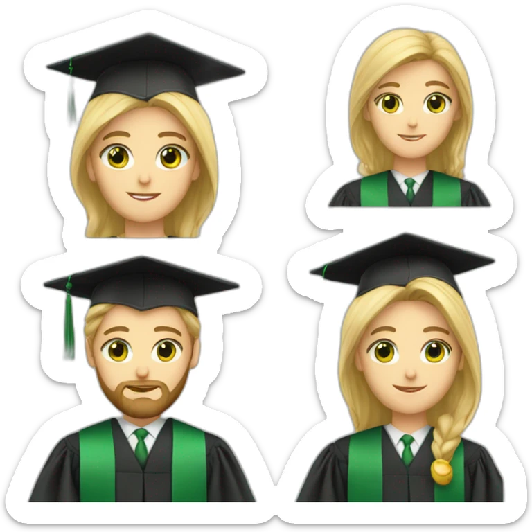 blonde bearded green eyed male teacher wearing a graduation hat sticker