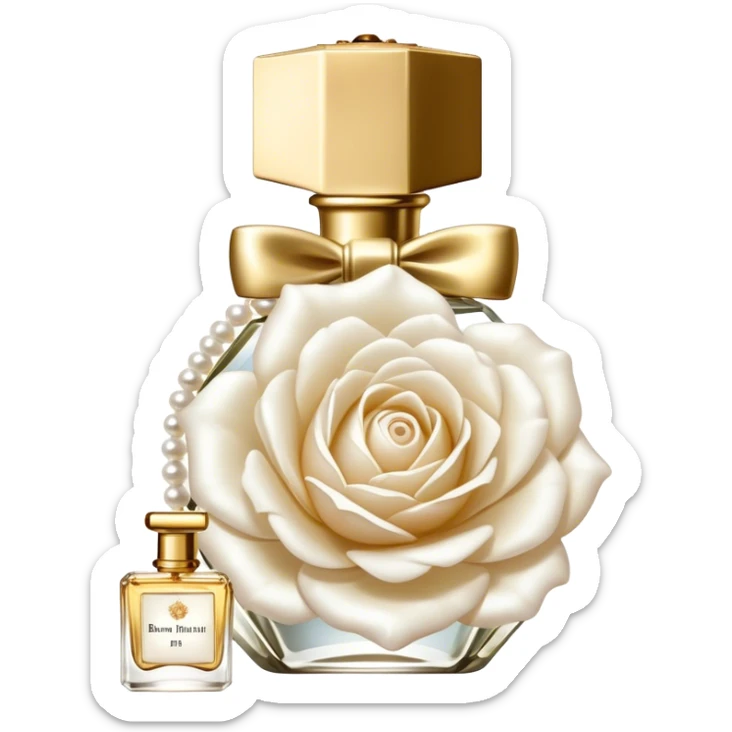 white English rose Benjamin Britten ( flower ) and pearl bow and vintage gold perfume bottle  sticker
