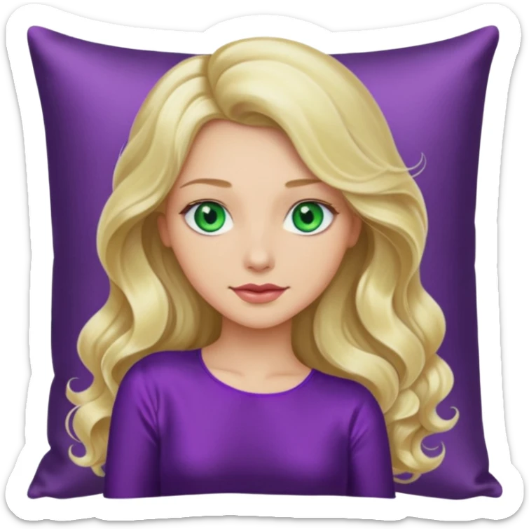 lady with long wavy blonde hair, purple top, green eyes, head on pillow sticker