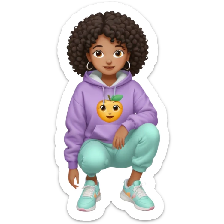 Black girl, clean girl aesthetic, 4C curly hair in a puff, pastel hoodie, white sneakers, minimal jewelry, soft smile, cozy vibe, bright colors, Apple-style emoji cuidando da pele skincare sticker