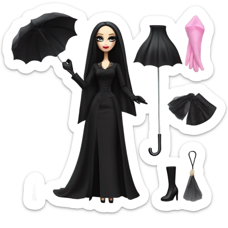 Funeral Barbie,teen Morticia Addams ,drying tears with handkerchief, show full body,accessories  gloves, funeral veil, holding umbrella  sticker