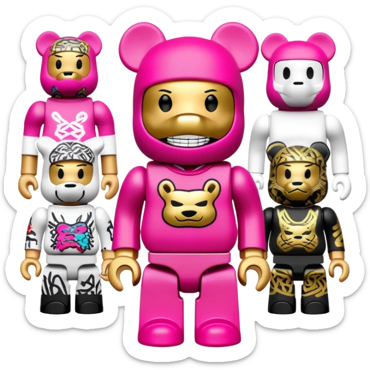 bearbrick toy figure wearing a bright pink balaclava with big pouty lips and gold grillz teeth visible, decorated with luxury brand logos and graffiti style patterns, striking a cool hip-hop pose with arms crossed confidently sticker