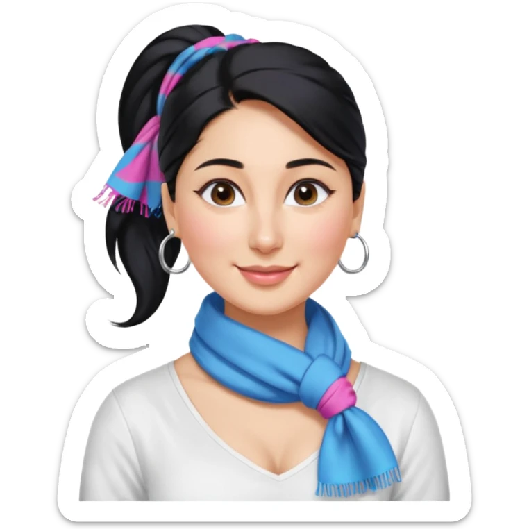 generate a pretty bratz emoji that looks like Kareena Kapoor's Geet character. 
Make her wear a white shirt with a colorful blue-pink scarf wrapped around her neck. smiling big. Black hair tied into a side part ponytail, silver hoops and no necklace

She should look exactly  like Kareena Kapoor sticker