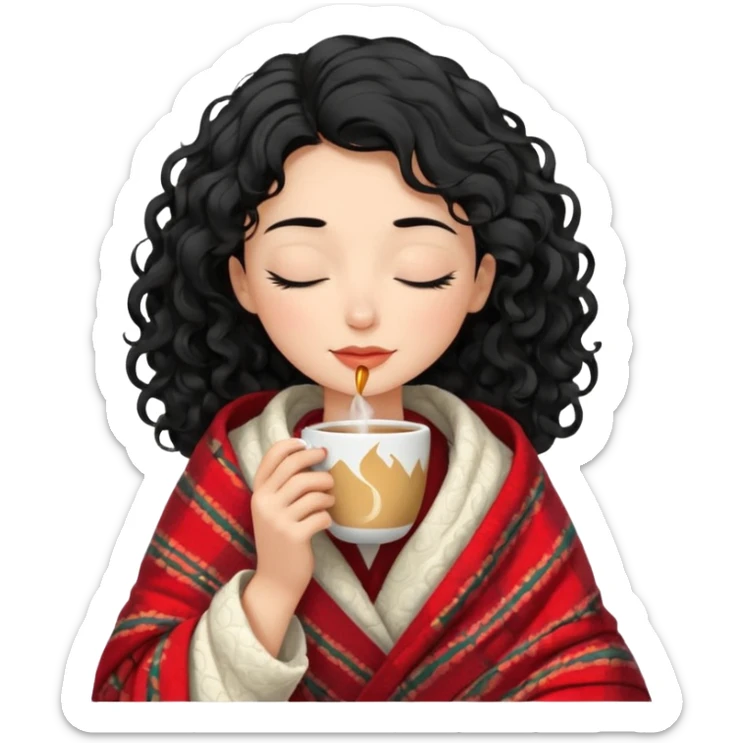 Gözleri kapalı, beyaz tenli ve dalgalı-kıvırcık siyah saçlı saç boyu orta omuzlarının biraz aşağısında bir kadın avatar, battaniyeye sarılmış halde beyaz bir Türk kahvesi fincanından içeceğini huzurla yudumluyor. sticker