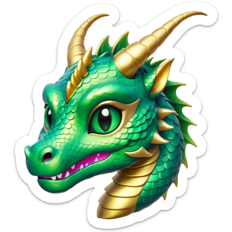 Cinematic Cute Dragon Portrait Emoji, Head tilted playfully and inquisitively, featuring a sleek, serpentine form adorned with iridescent scales that shift between emerald and gold, a delicate set of subtle horns, and round, sparkling eyes full of curious magic; rendered with realistic detail and warm natural light, high shine, affectionate and enchanting, styled with a touch of whimsical fantasy, soft glowing outline, capturing the essence of a mischievous yet lovable dragon that seems poised to slither playfully into your arms! sticker