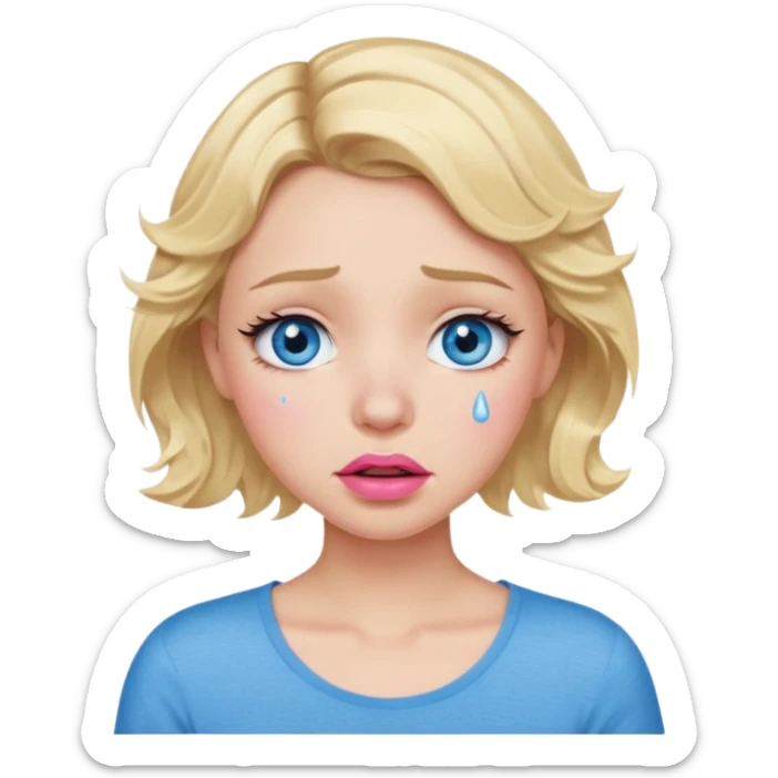Girl Blonde short wavy hair,  blue eyes, cute blue top, long lashes, pink lips,crying with tears running down the face  sticker