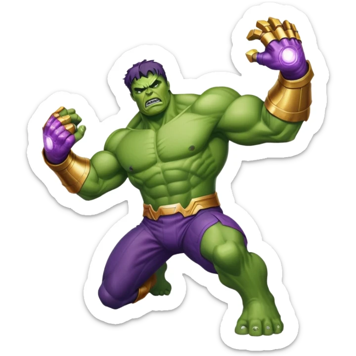 Hulk fighting Thanos, green superhero versus purple villain with infinity gauntlet sticker