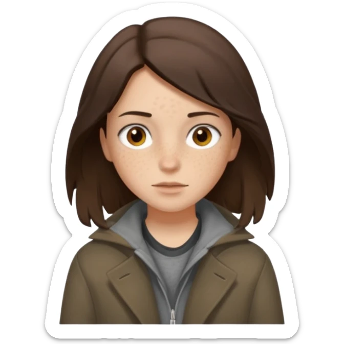 Hobo tomboy with shoulder-length center-parted dark brown hair. brown eyes, dark dull brown coat, grey shirt. sticker
