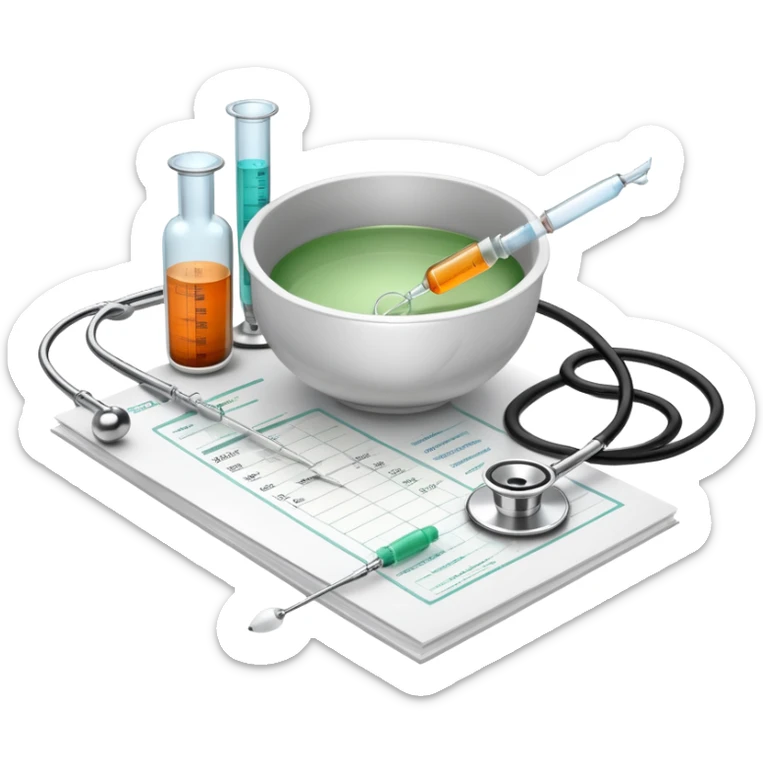 An icon featuring the Bowl of Hippocrates, a syringe, and a stethoscope, symbolizing medicine. The design includes a medical chart and lab tools, representing the practice of healing, diagnosis, and patient care. Transparent background highlights the science and ethics of medicine. sticker