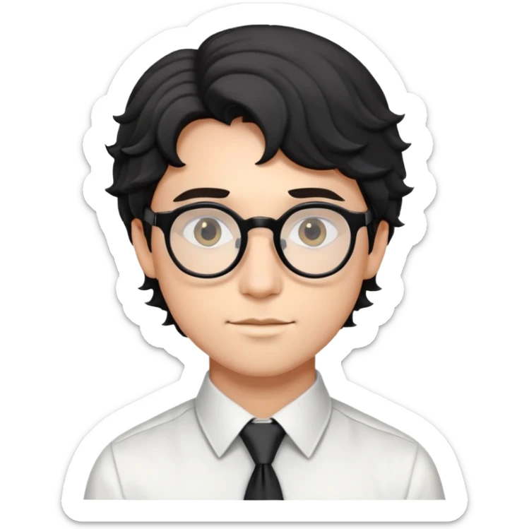 Young man with black wavy hair, round glasses, dressed for theater in smart casual outfit with dress shirt and tie sticker